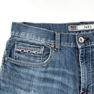BKE Jake Mens Straight Leg Jeans 32R Medium Wash Distressed Contrast Stitch